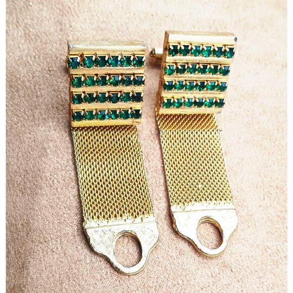 Vintage Gold Tone Emerald Green Rhinestone Mesh Wrap Toggle Cufflinks - Picture 3 of 4